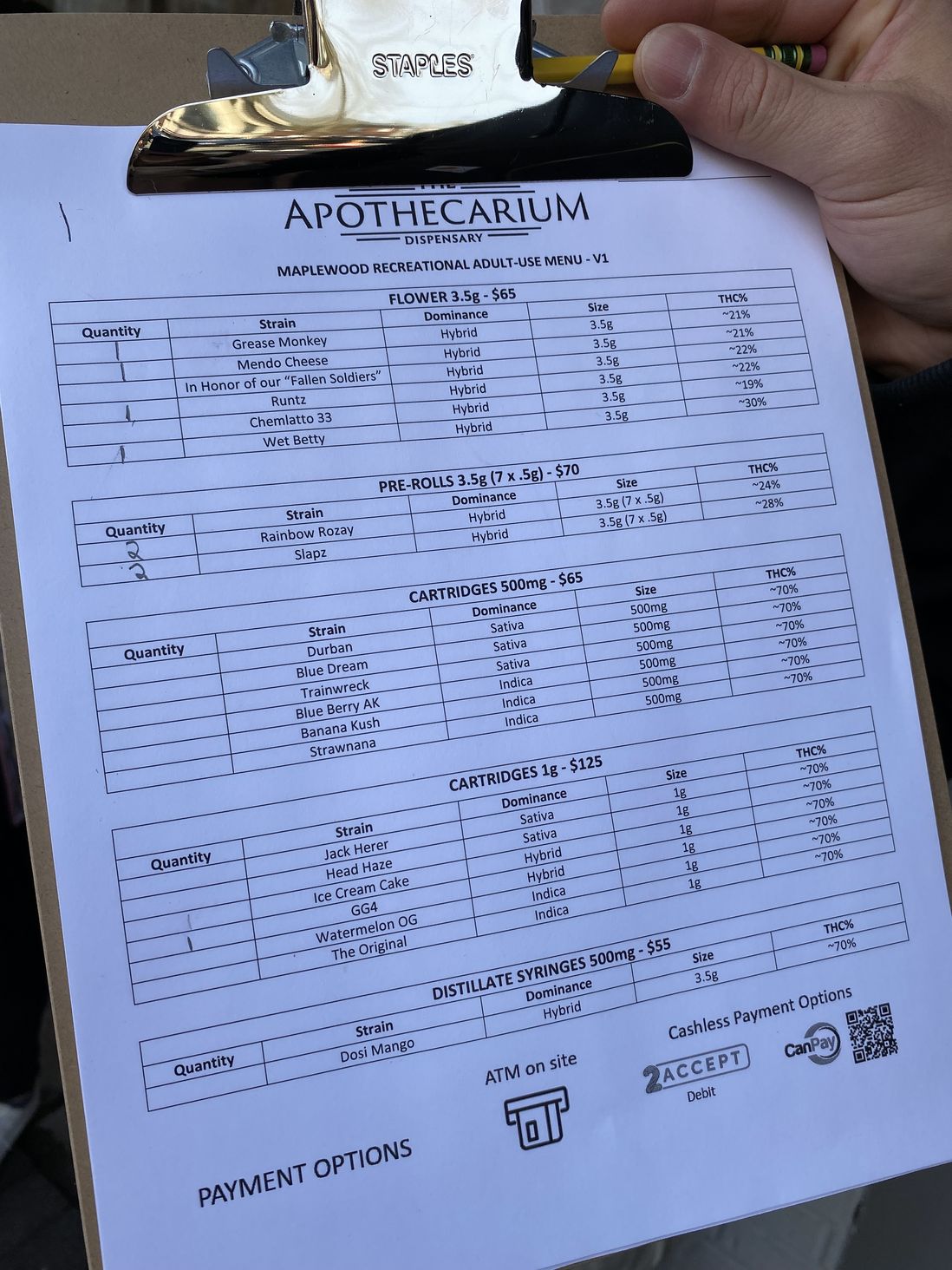 A menu of products with prices at the Apothecarium dispensary in Maplewood, April 21st, 2022.